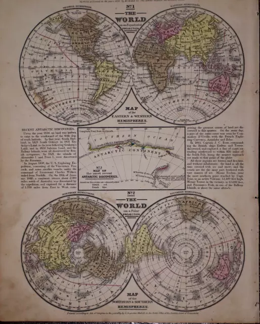 Old 1849 Authentic Mitchell Atlas Map ~ HEMISPHERES of the WORLD ~ Free S&H