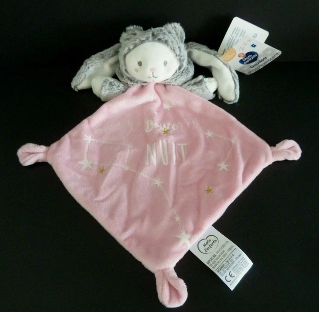 *. DOUDOU MOTS D'ENFANT OURS LAPIN ROSE GRIS MOUCHOIR Douce nuit Etoile - NEUF