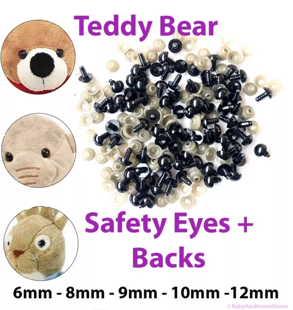 Safety Eyes For Teddy Bear 6mm to 12mm ** Quality Polished Eye ** Black + Backs