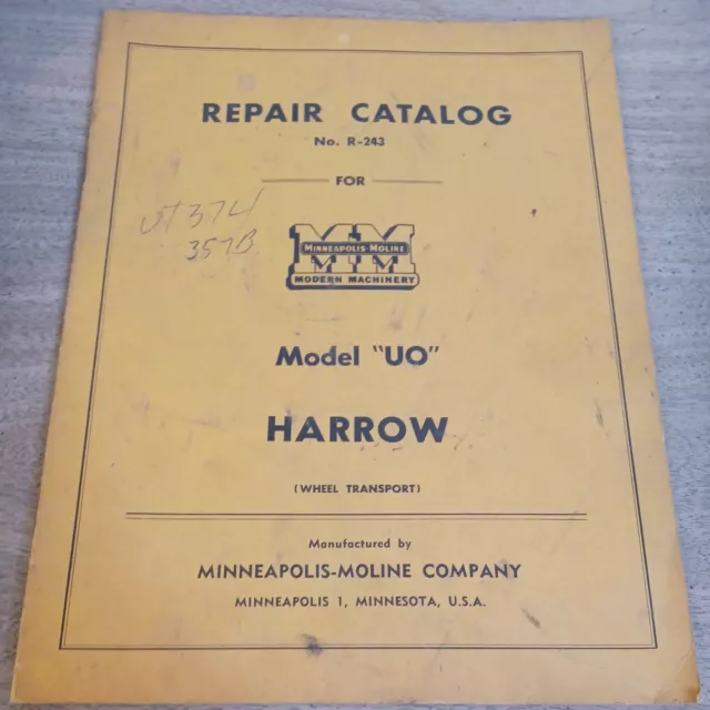 Minneapolis Moline Repair Catalog For Model UO Harrow R-243