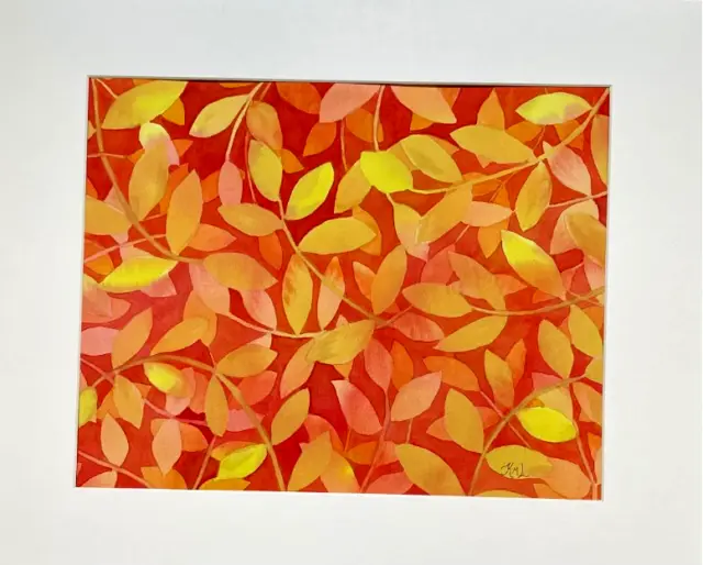 Painting Watercolor Art Original Leaves Red Orange Yellow 11" X 14" Mat 16 X 20