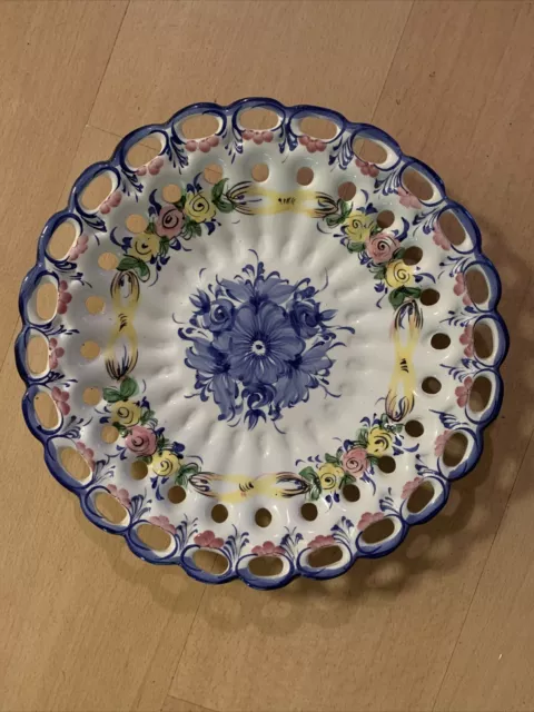 Portuguese Decorative Plate Blue With Flowers 13”