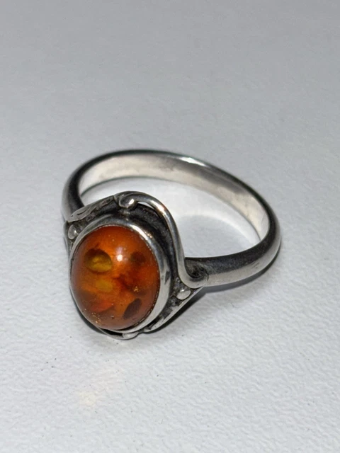 Bague En Argent Et Ambre - Taille 54 (17,3) - Occasion, Style Vintage
