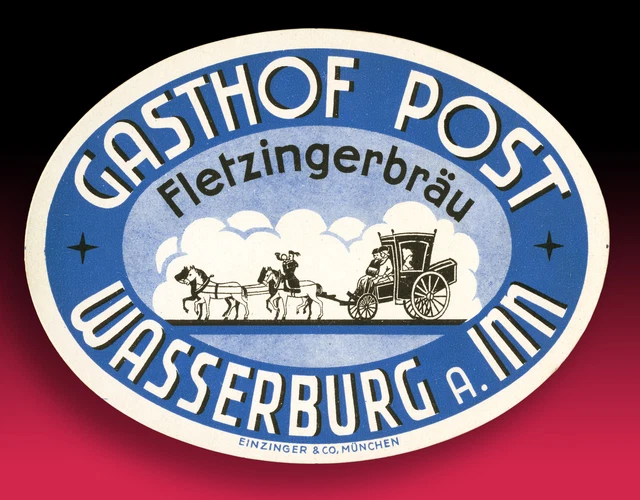 SCHÖNER ALTER KOFFERAUFKLEBER GASTHOF POST FLETZINGER BRÄU WASSERBURG INN 50er #