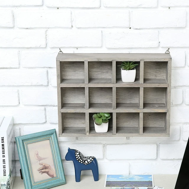 MyGift 12 Compartment Dark Gray Wood Freestanding Wall Mounted Shadow Box Shelf