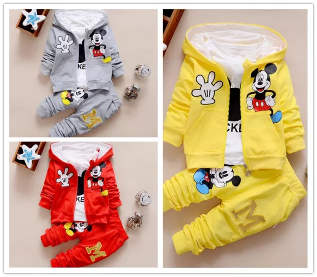 3pc Toddler baby boys Girls Outfit Hooded coat+T shirt+pants clothes set Mickey