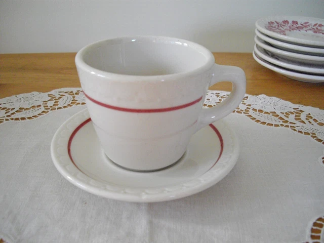 Vintage Syracuse China Railroad CARDINAL RED LINE Econo-Rim Coffee Cup +Saucer ~