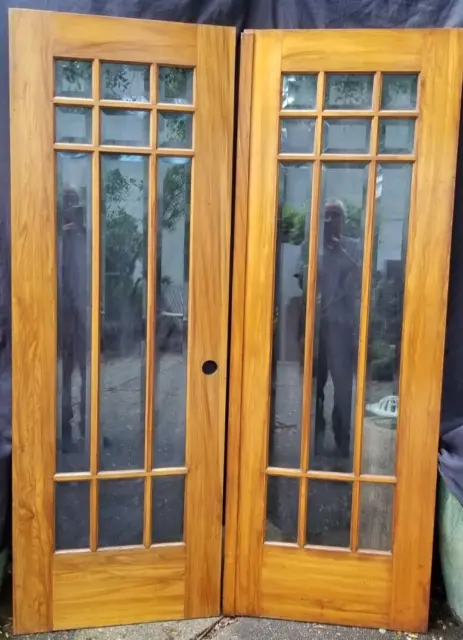 Vintage Matching Pair Beveled Glass French Doors Gum Wood