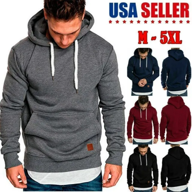 Men Hoodie Casual Hooded Solid Pocket Slim Fit Sweatshirts Pullover Sweater Tops