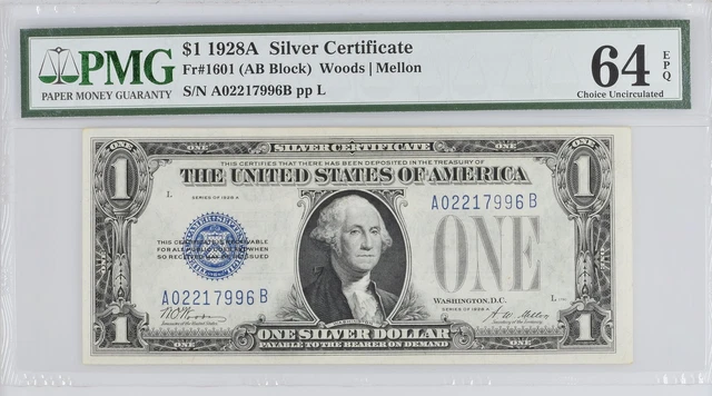 1928A $1 Small Silver Certificates 1601 PMG Certified 64 EPQ Funny Back 2035