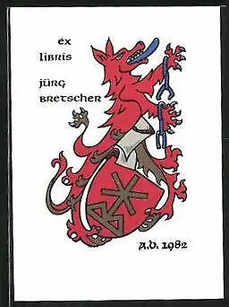Exlibris Jürg Bretscher, Wolf mit gesprengten Ketten nebst Wappenschild