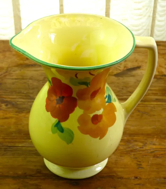 Vintage Hour Glass Shape Vase Jug Yellow Glaze Orange Flowers Green Rim Art Deco