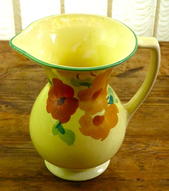 Vintage Hour Glass Shape Vase Jug Yellow Glaze Orange Flowers Green Rim Art Deco