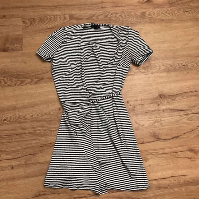 Topshop Black White Stripe Wrap Dress fit & flare short sleeve size 2 Womens