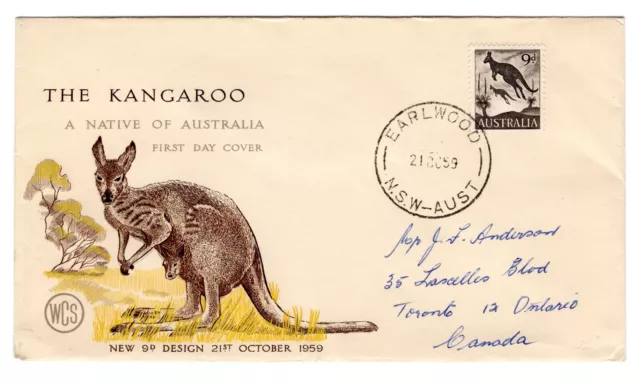 1959 Oct 21st. WCS, First Day Cover. 9d Kangaroos.