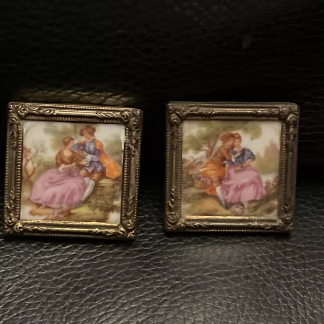 Pair Of VINTAGE MINIATURE PICTURES ( LIMOGES FRANCE ) INTO BRASS FRAMES