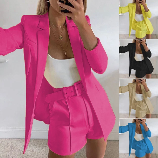 Donna Giacca Blazer Coordinato Set Top+Pantaloncini Ufficio Lavoro Tuta
