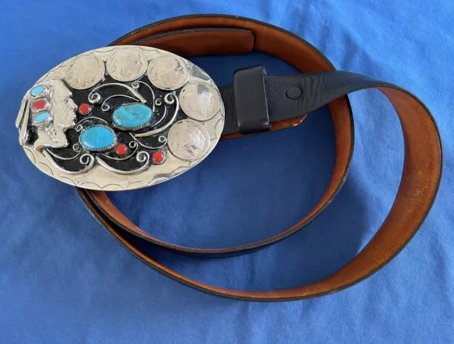Vintage Indian Head Nickels Belt Buckle Leather Turquoise Coral Nickel Silver