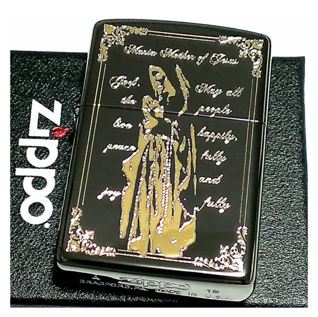 Zippo Oil Lighter Saint Virgin Mary Black Nickel Gold Etching Maria NEW