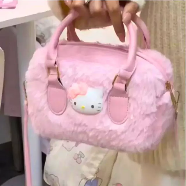 Hello Kitty Pink Faux Fur 2 Way Bag Fluffy Boston Bowler Crossbody Bag Womens 2