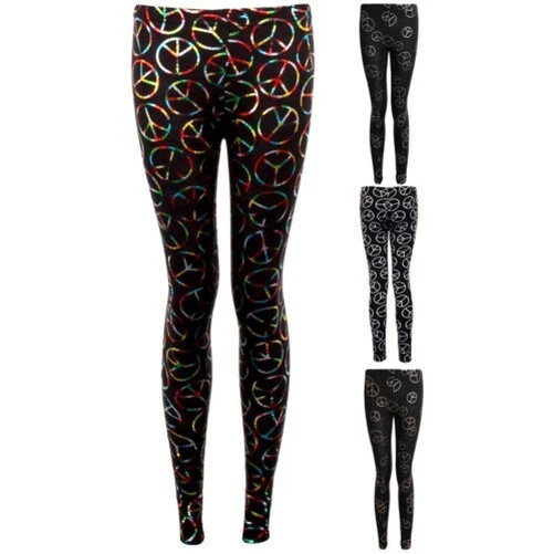 Damen Bunt Peace Love Multi Rainbow B&w Stretch Freizeit Party Leggings
