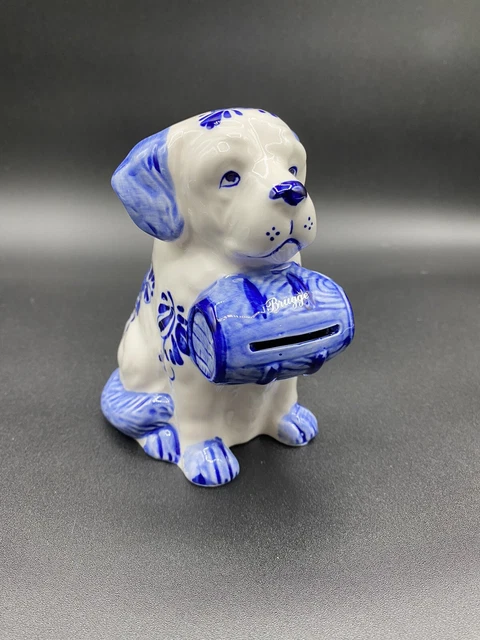 Dutch Delft Blue Piggy Bank St. Bernard Dog ~ Floral Blue & White with stopper