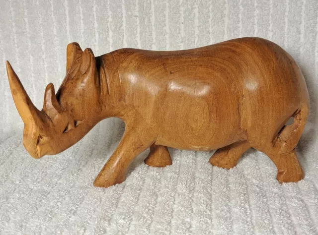 Hand Carved Wooden Rhino Solid Wood Rhinoceros Figurine Figure Sculpture