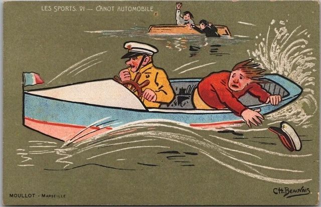 1910s Artist C.H. BEAUVAIS Postcard Boating "LES SPORTS VI - CANOT AUTOMOBILE"