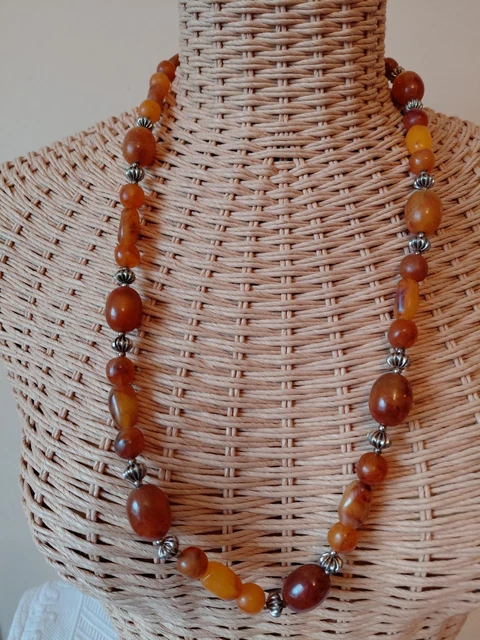 Collier Opéra Bakélite Ambre/miel - Longueur 77cm - Vintage Perles Rondes