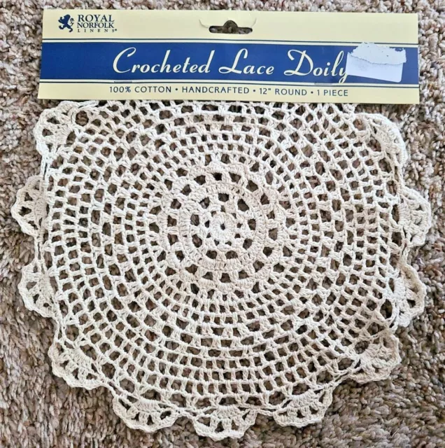 Vintage Royal Norfolk Linens Crocheted Ivory Lace Doily 12" Round NEW Cotton