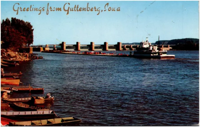 Greetings from Guttenberg Iowa Riverboat on Mississippi River 1950s Postcard