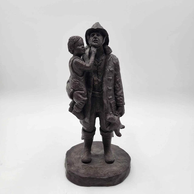 Rare Vintage 1986 Firefighter Saving Girl Michael Garman Sculpture Bronzetone