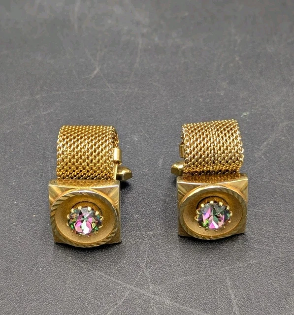 Paire De Boutons De Manchette Vintage En Métal Doré Avec Pierre Ambrée - Occasion