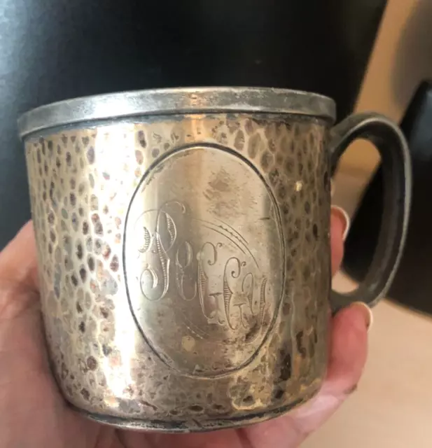 MCM  SHEFFIELD REPRODUCTION Silverplate BABY CUP Hammered OVAL FRONT "Peggy" Old