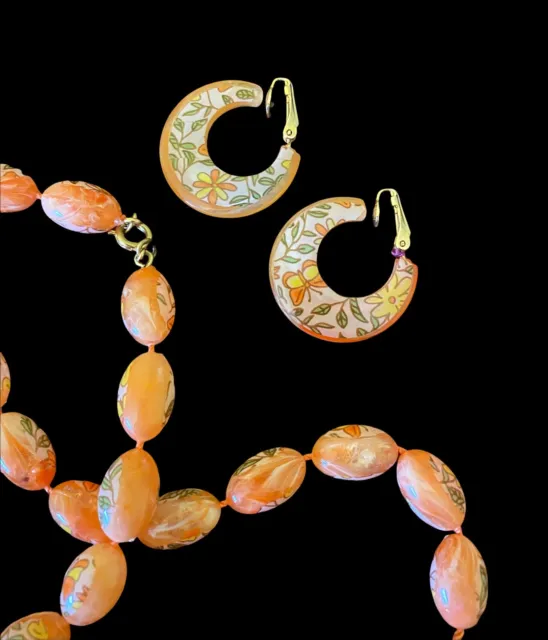 Vtg Butterfly Floral Orange Yellow Bead Necklace Loop Clip Earring Set