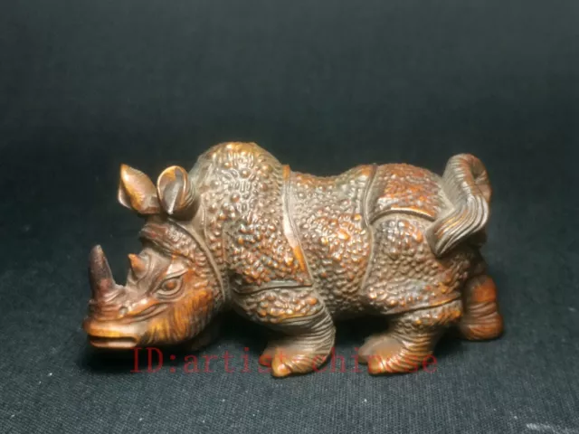 Japanese boxwood hand carved rhinoceros Figure statue netsuke collectable gift