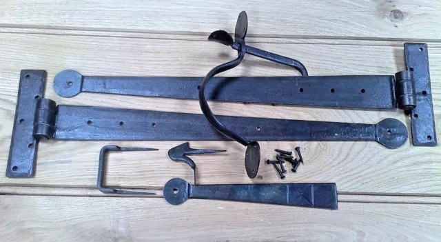 Iron Door Latch Handle & Pair 18" T Hinges Blacksmith Hand Forged