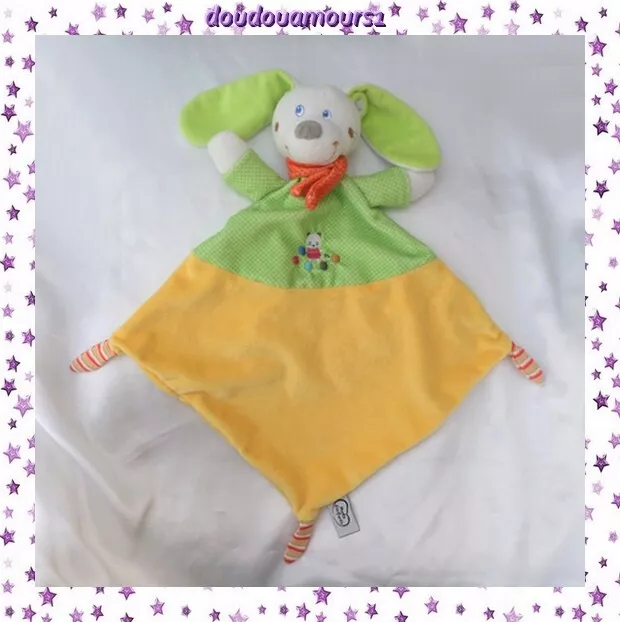 Doudou Peluche Plat Losange Lapin Jaune Vert Pois Echarpe Orange Mots d'enfants