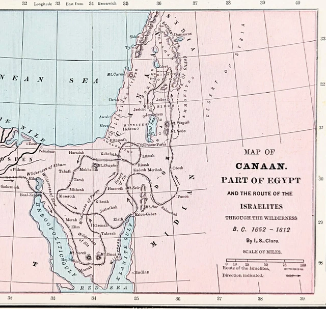 1898 Route of the Israelites through the Wilderness Map Canaan Palestine Israel