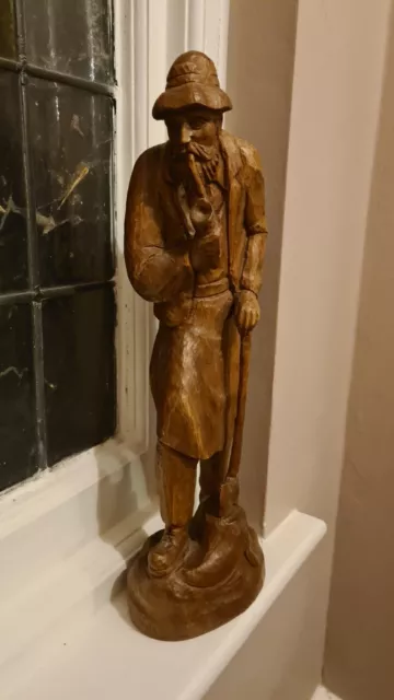 Antique Old Wooden Man Statue with Pipe and Axe - 50cm Height Beautiful Detail