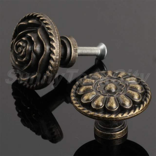4x Retro Cabinet Rose Flower Round Pull Handle Drawer Closet Cupboard Door Knobs