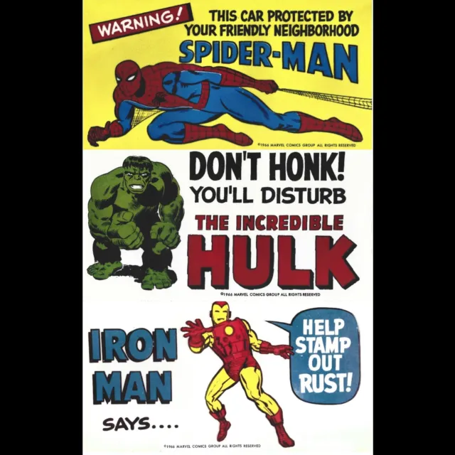 1966 MARVEL Spider-man + Hulk + Iron Man REPRODUCTION Bumper Stickers 9 x 4¾