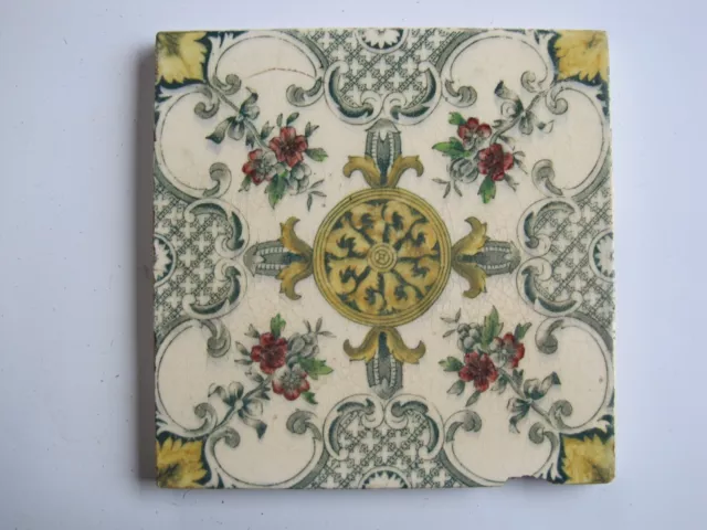 Antique Victorian H. Richards 6" Queen Anne Style Print & Tint Wall Tile C1890