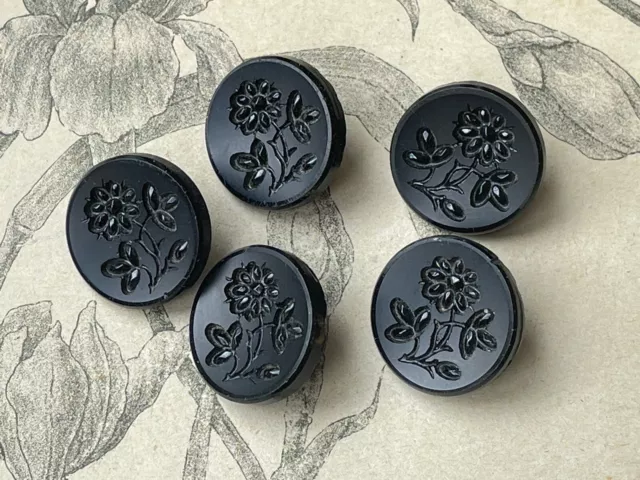 Ensemble de 5 boutons anciens en verre Noir à décor de fleurs - 1900 Collection