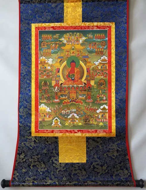 32" Chinese Tibetan Thangka Silk Brocaded Golden Wood Scroll Amitabha Decorate