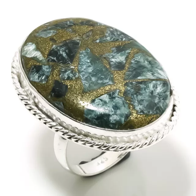 925 Sterling Silver Copper Seraphinite Gemstone Handmade Ring Jewelry Size 8