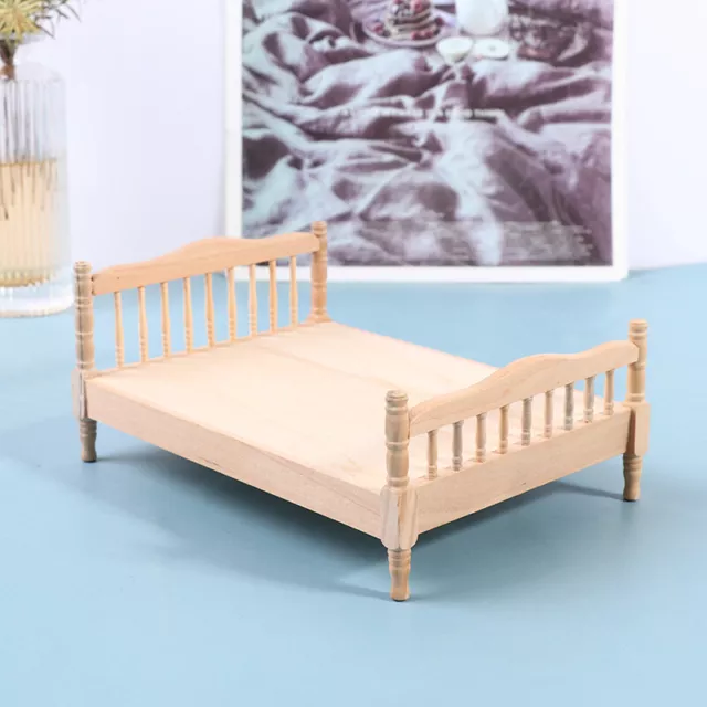 1:12 Dolls House Wood Double Bed Miniature Bedroom Furniture Pretend Play #DC
