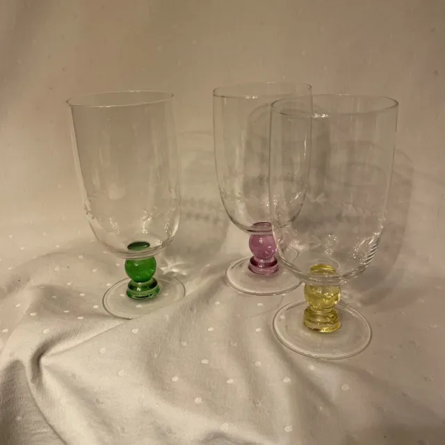 Lot Of 3 Portmeirion Options Etched Stemmed Ice Tea Glasses: Green/Yellow/Pink
