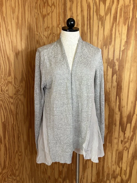 Eileen Fisher Cardigan Open Sweater Long Sleeve Silver Linen Blend SILK Trim M