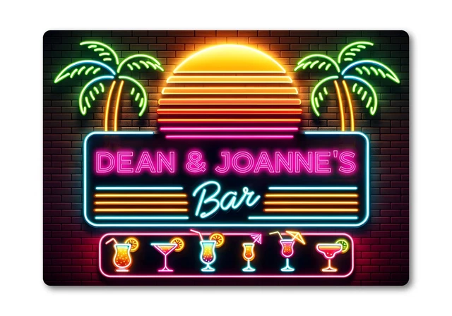 Personalised 80s Neon Sunset Cocktail Bar Sign – Metal Plaque – Made In UK By PixPrint